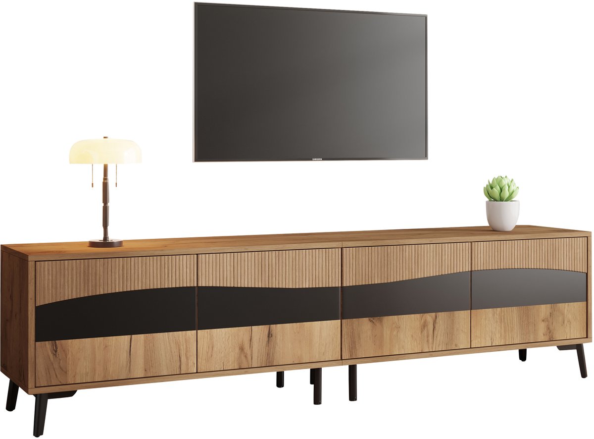 Wishdor Tv-Meubel - 4 Kastdeuren - Symmetrisch Design - Woonkamer - Spaanplaat - Naturel En Zwart - 180 X 40 X 50 Cm Natuurlijk