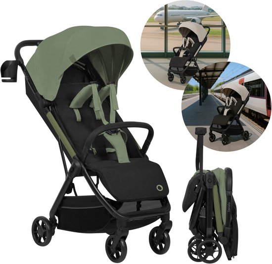 Groene en zwarte buggy, opgevouwen met reisafbeeldingen op de achtergrond.