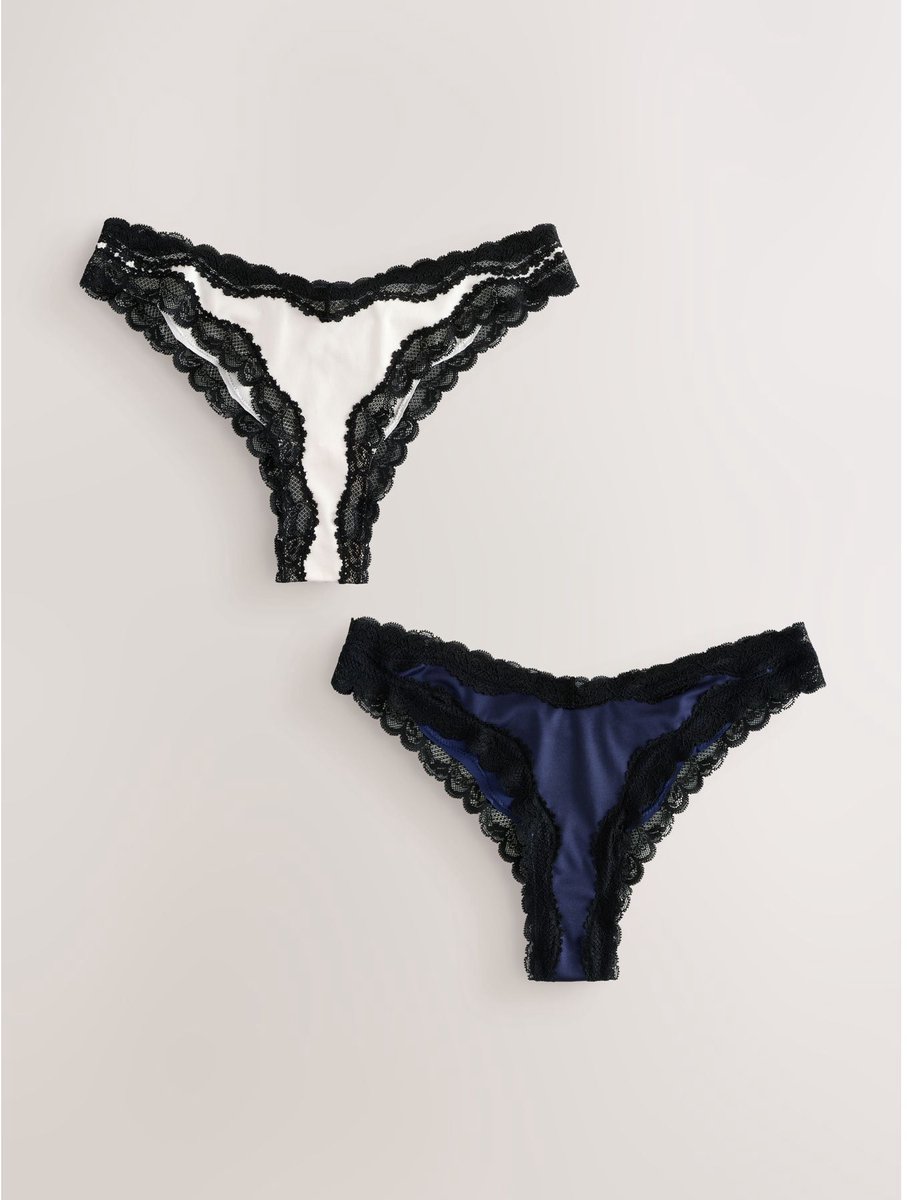 Next - Dames - Set van 2 glanzende Braziliaanse slips met kanten rand - Blauw