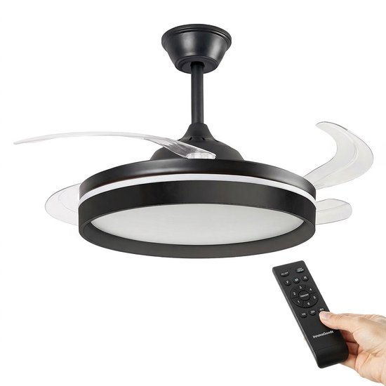 Plafondventilator met LED-licht, stille DC-motor, 6 snelheden, afstandsbediening, timer, 4 inklapbare bladen, zomer- en winterstand, voor ruimtes tot 25 m²