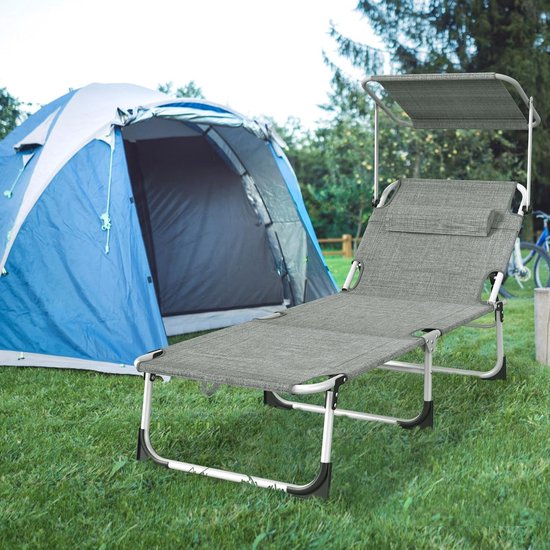 Opvouwbare Zonligstoel - Met Zonnedak - Verstelbare Rugleuning - Ergonomisch - Tuinligstoel - Metalen Frame - Oxford Stof - Draagbaar - Ligstoel - Voor Camping, Strand, Balkon En Kantoor - Grijs - NAIZY — afbeelding 4