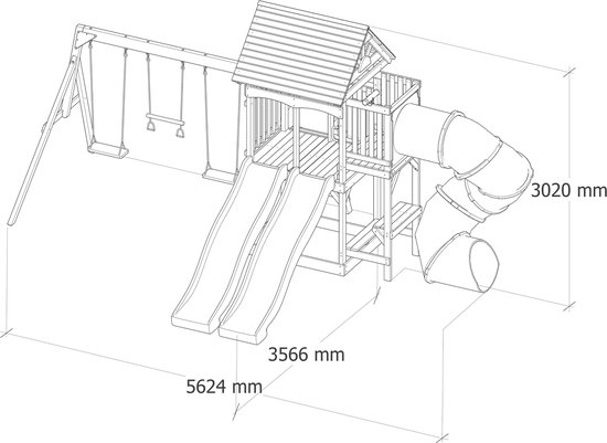 Schematische tekening van een groen speeltoestel met dubbele glijbaan, buisglijbaan, schommels en klimwand.