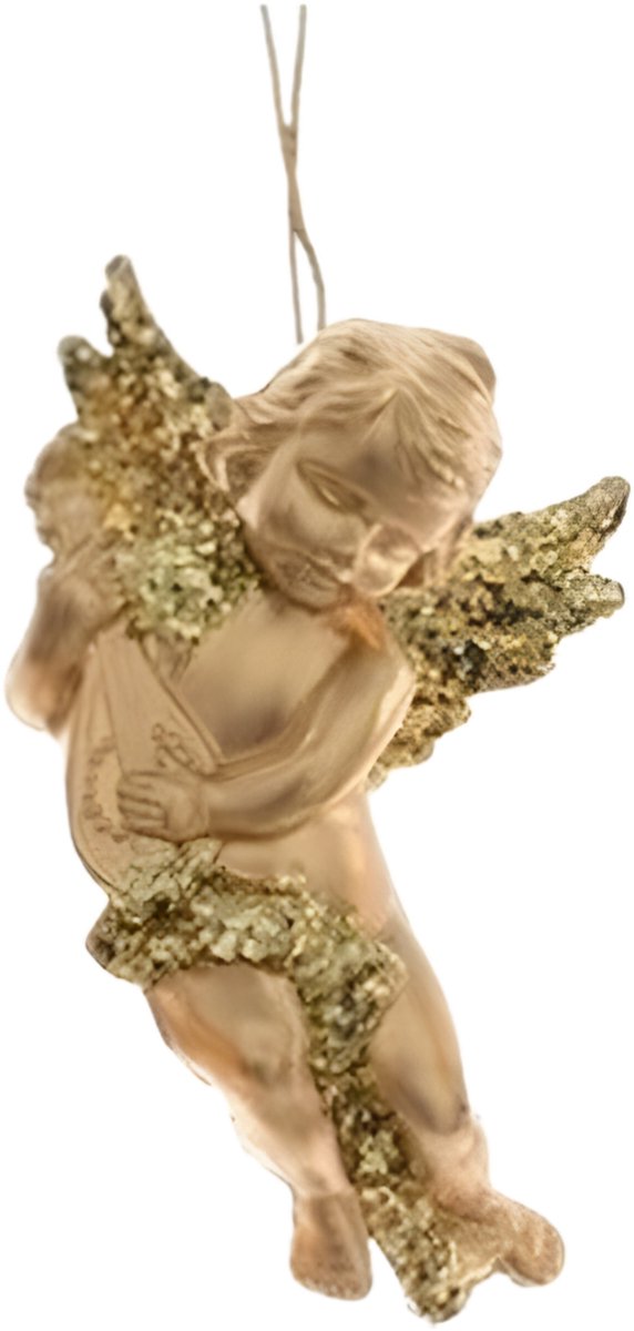 Decoris Gouden engel met lute kerstversiering hangdecoratie 10 cm Goudkleurig