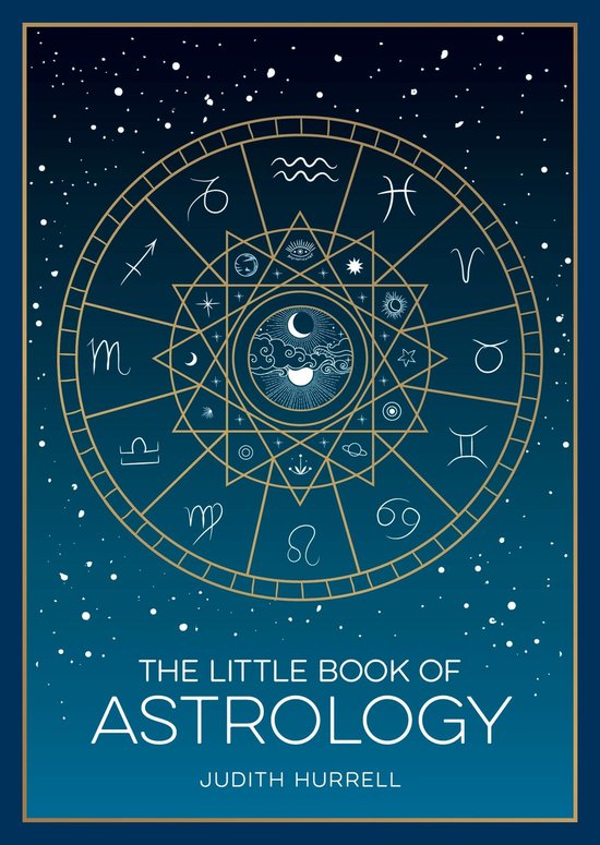 Boek 'The Little Book of Astrology' met een astrologische cirkel met sterrenbeelden en de zon en maan op een nachtblauwe achtergrond.