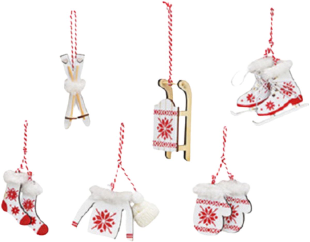 G. Wurm Kersthangers - 6x - hout - wit/rood - 6-10 cm - kerstboomversiering - decoraties