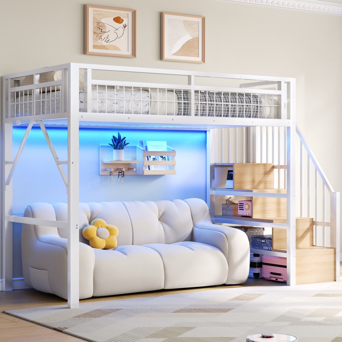 Sweiko Hoogslaper - 90 x 200 cm - Metalen frame - LED-verlichting - Opbergruimte - Wit (Zonder bank)