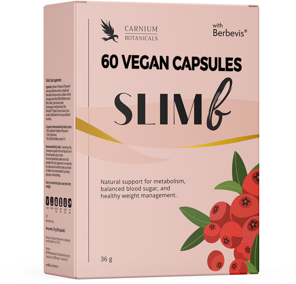 Carnium Botanicals SlimB Berberine Supplementen - Ondersteuning van Metabolisme & Gewichtsbeheersing - Met Berbevis® & Witte Moerbei - 60 Capsules - 30 Dagen