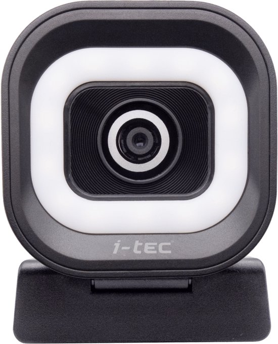 Webcam noire avec un éclairage annulaire carré et logo i-tec, vue de face avec support.