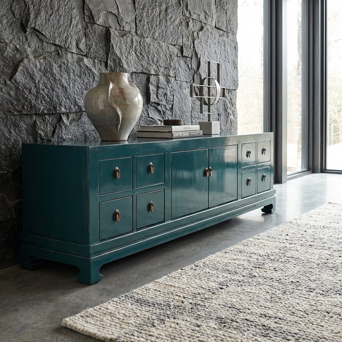 Fine Asianliving Chinese TV Kast Teal High Gloss B180xD40xH50cm Chinese Meubels Oosterse Kast