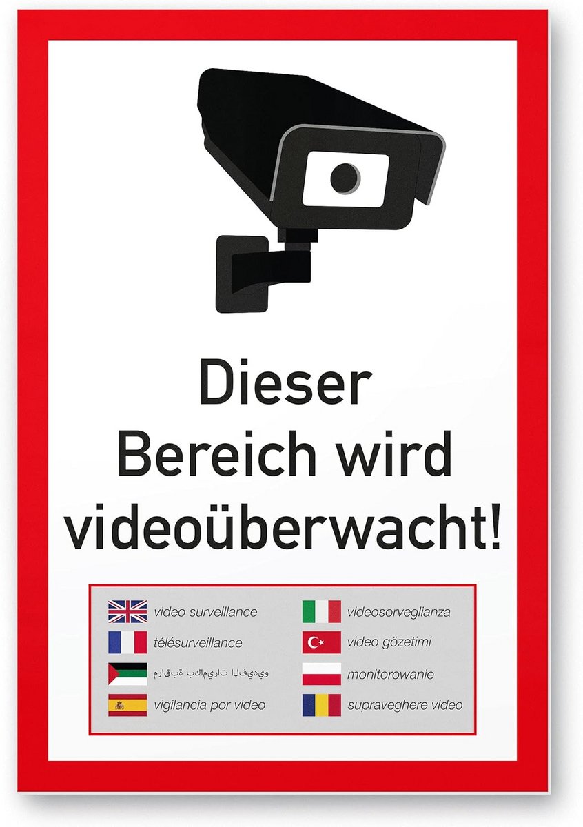 Bewakingsbord Kunststof - Waarschuwing Videobewaking - Veiligheid Aangeven - Meertalig Ontwerp - 20x30 cm - Wit