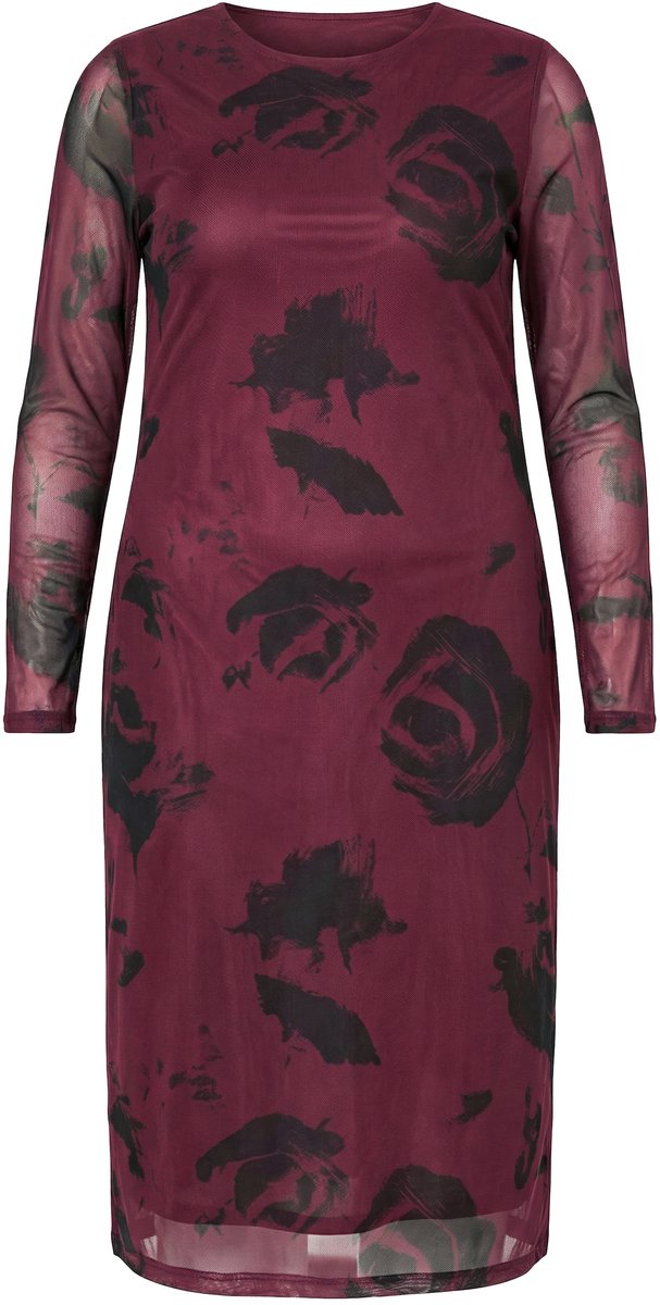 Studio Untold - Dames - Maxi-jurk Slim Shape mesh met motief lange mouwen - Bordeauxrood - Maat 46+