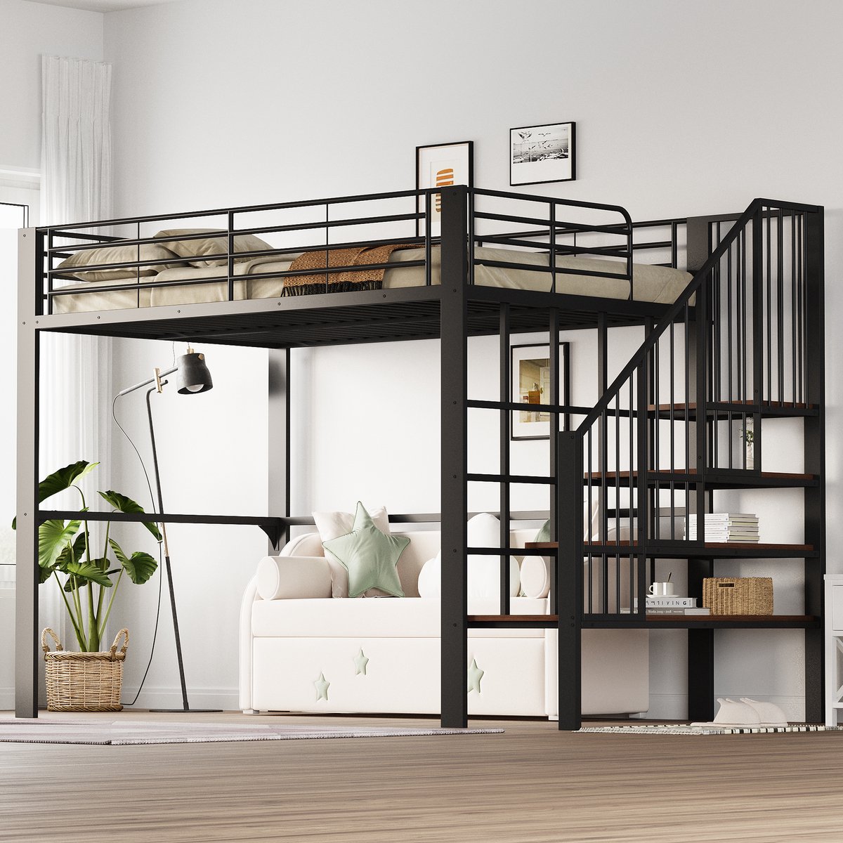 REDOM Hoogslaper – 140x200 cm – Met trap & ruimte onder bed – Metaal & hout – Zwart