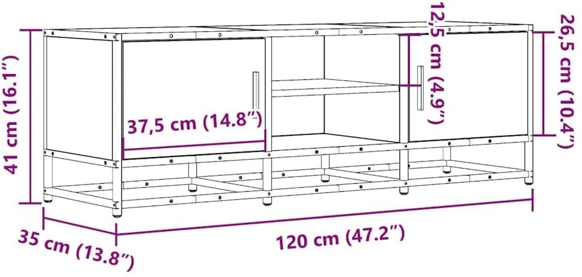 TV-meubel Urbanhome Grijs Sonoma – Industrieel Lowboard met Metalen Frame en Opbergruimte, Robuust Hout, Voor Woonkamer en Slaapkamer, 120 cm