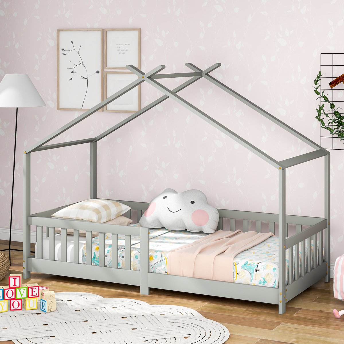 MIVRAY Huisbed Kinderbed 90x200cm - Bedframe Met Veiligheidshek En Lattenbodem - Kinder En Jeugdkamer - Massief Hout - Lichtgrijs - Zonder matras