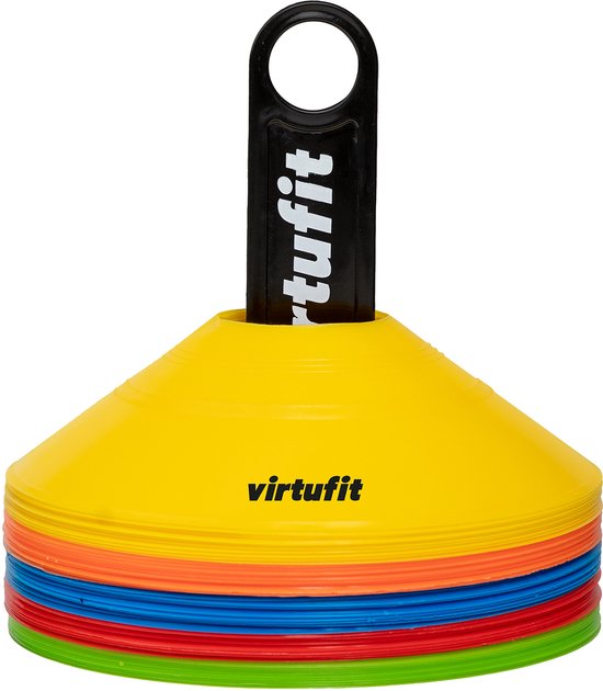 Stapel van gekleurde VirtuFit trainingspionnen met zwarte houder.