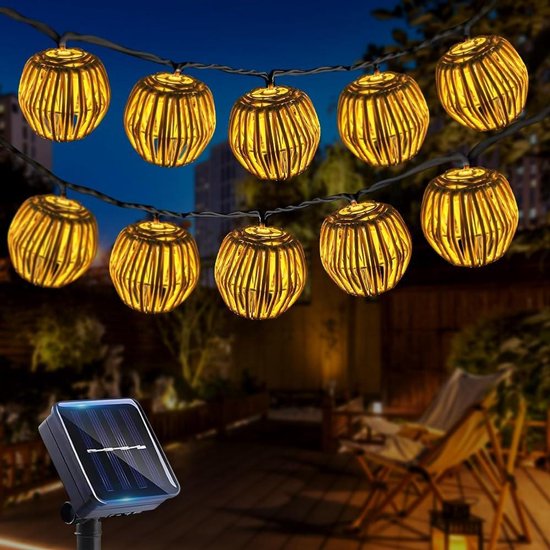 Lichtsnoer voor buiten op zonne-energie 10 stuks - weerbestendig - 8 modi - papieren kabel - rotan bol - lampion - tuin en balkon - bruiloft deco