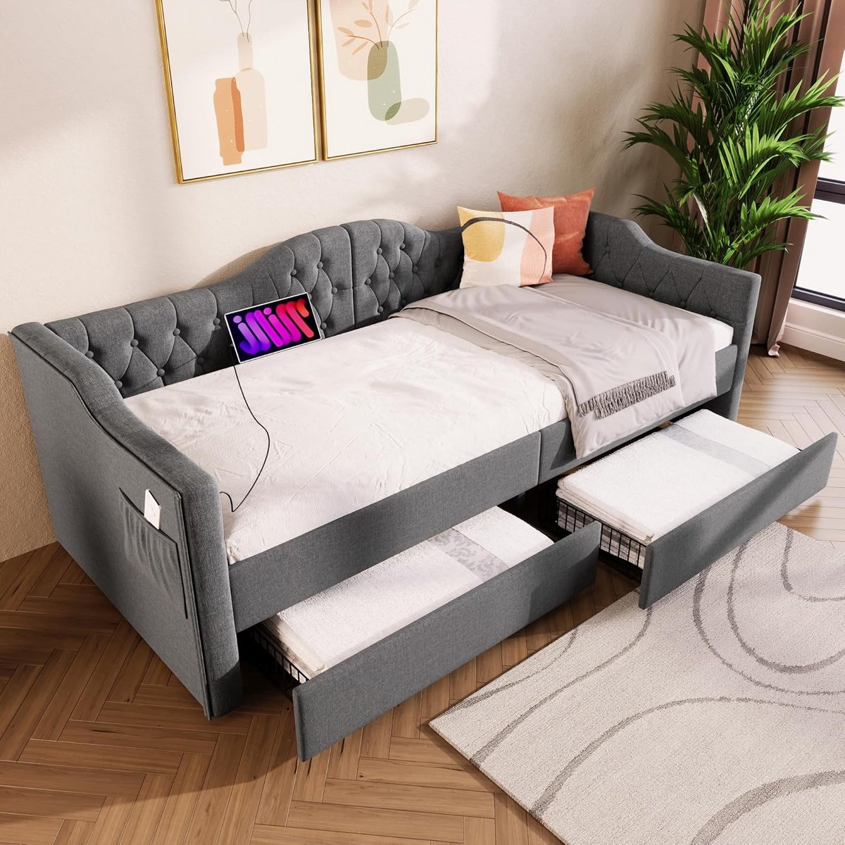 Slaapbank 90x190 cm met USB en Opberglades | Inclusief Lattenbodem | Grijs Gestoffeerd