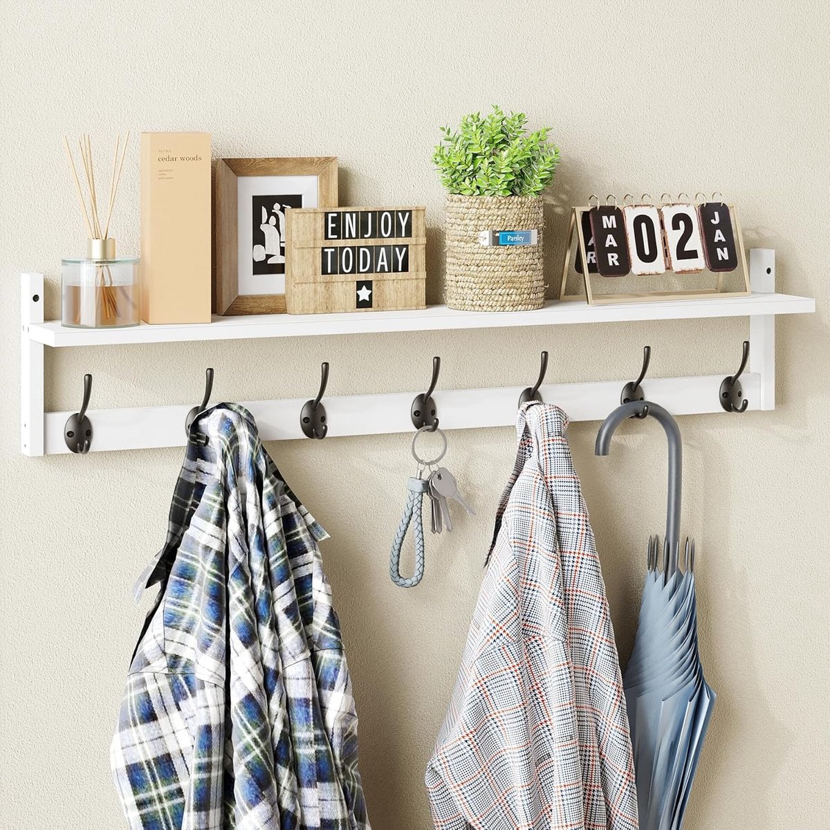 Wandhaken met Plank en 7 Haken - Houten Wandrek voor Garderobe