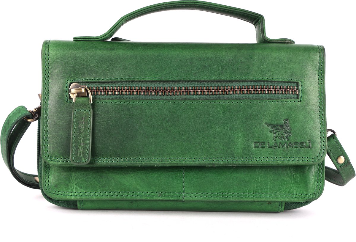 DE LAMASSU® (Marina) dames crossbodytas van echt leer – portemonnee met RFID-bescherming, 14 kaartvakken, telefoonvak, schouderriem, geschenkverpakking – 21 × 12 cm
