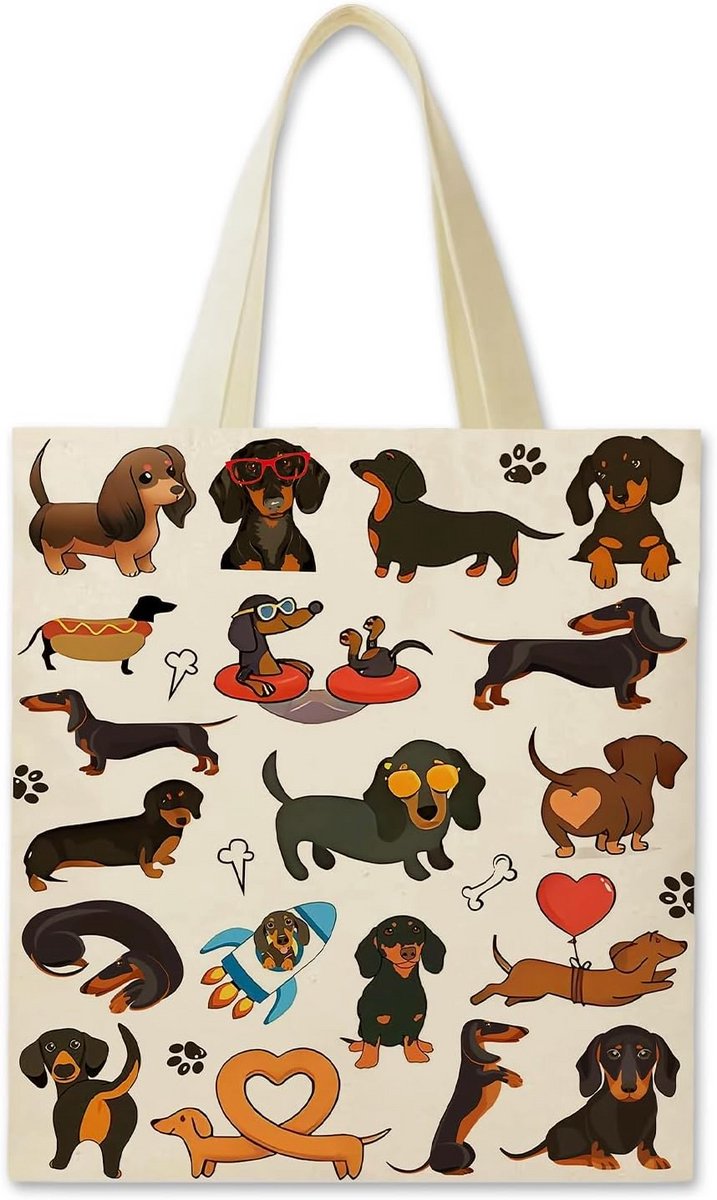 Stevige Stoffen Tas met Teckel Print - Canvas Draagtas Dames en Boodschappentas (40x35 cm)