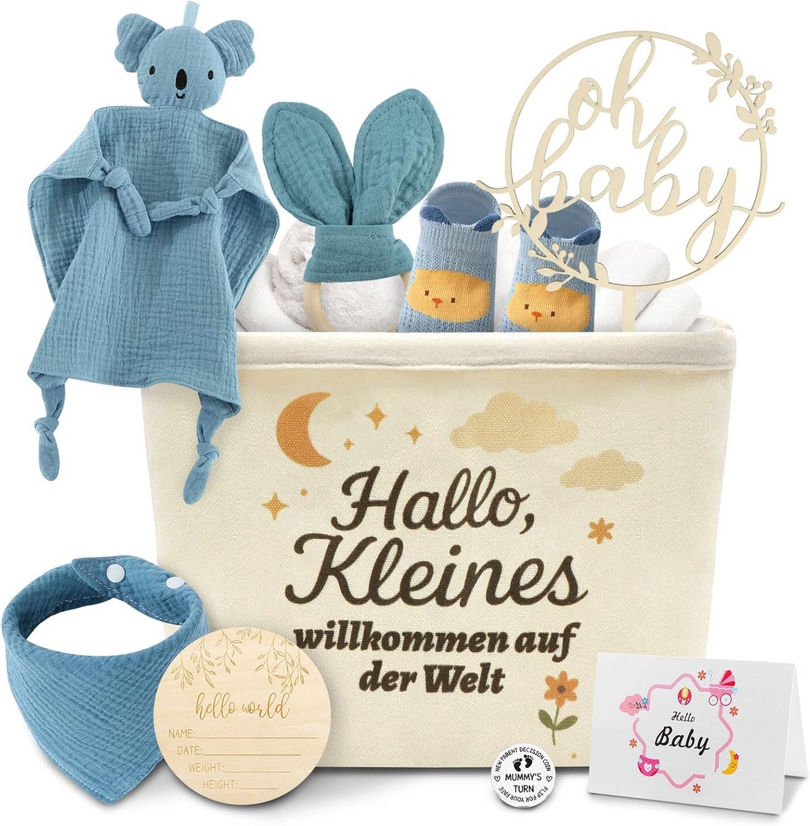 Luxe Kraamcadeau Set Baby Jongen & Meisje: Knuffeldoek, Mijlpaalkaarten Hout, Sokjes & Slabbers