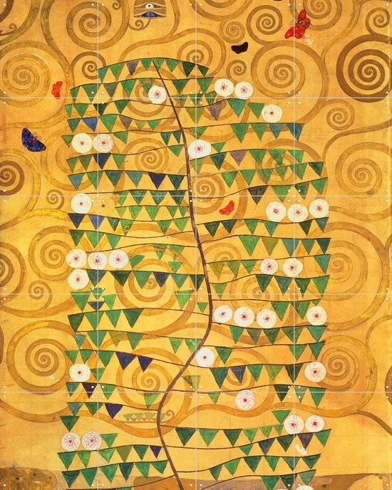 Motifs en spirale dorés avec des motifs géométriques de l'arbre de vie en vert et violet.