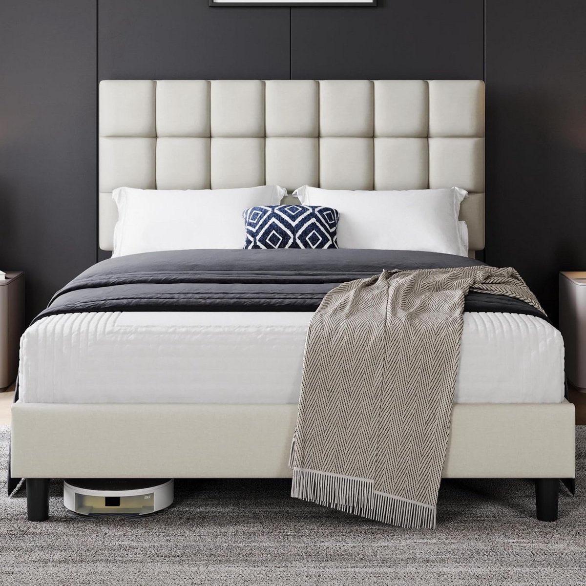 Comfortabel Bedframe met Gestoffeerd Hoofdeinde - Hout & Lattenbodem - 140x200 cm - Beige