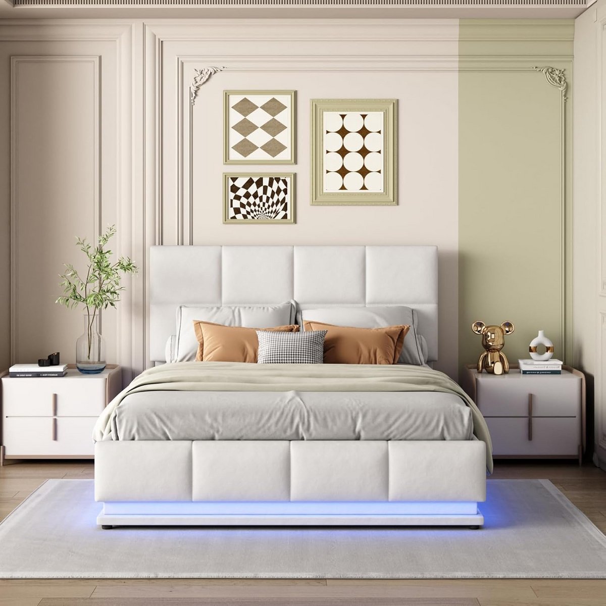 Tweepersoonsbed 140x200 cm met Opbergruimte en LED Verlichting - Gestoffeerd Lattenbodem Bedframe