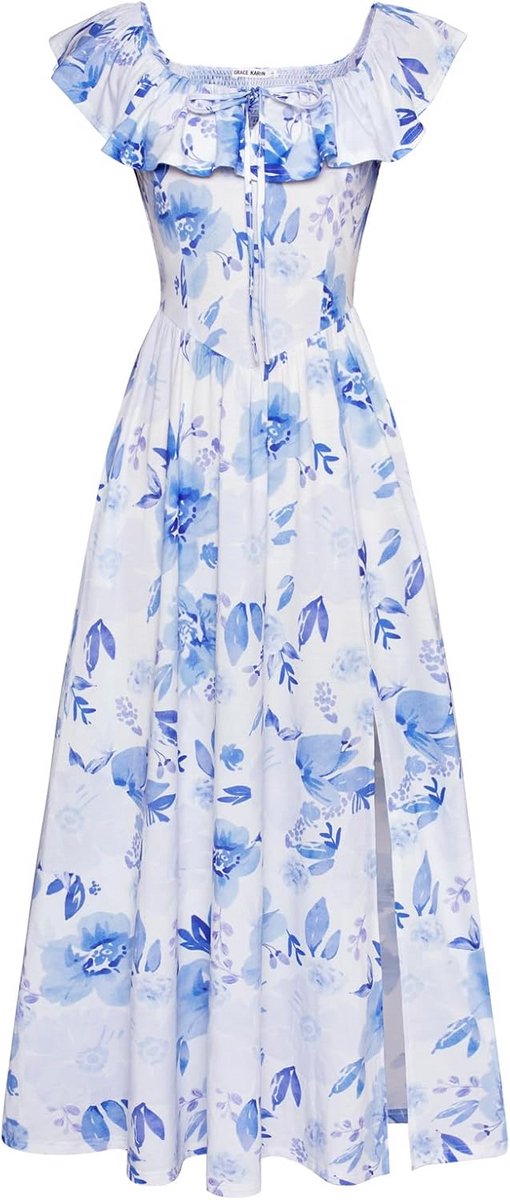 Dames Zomerjurk Maxi Bloemenprint V-Hals Empire Taille Lagen met Zakken