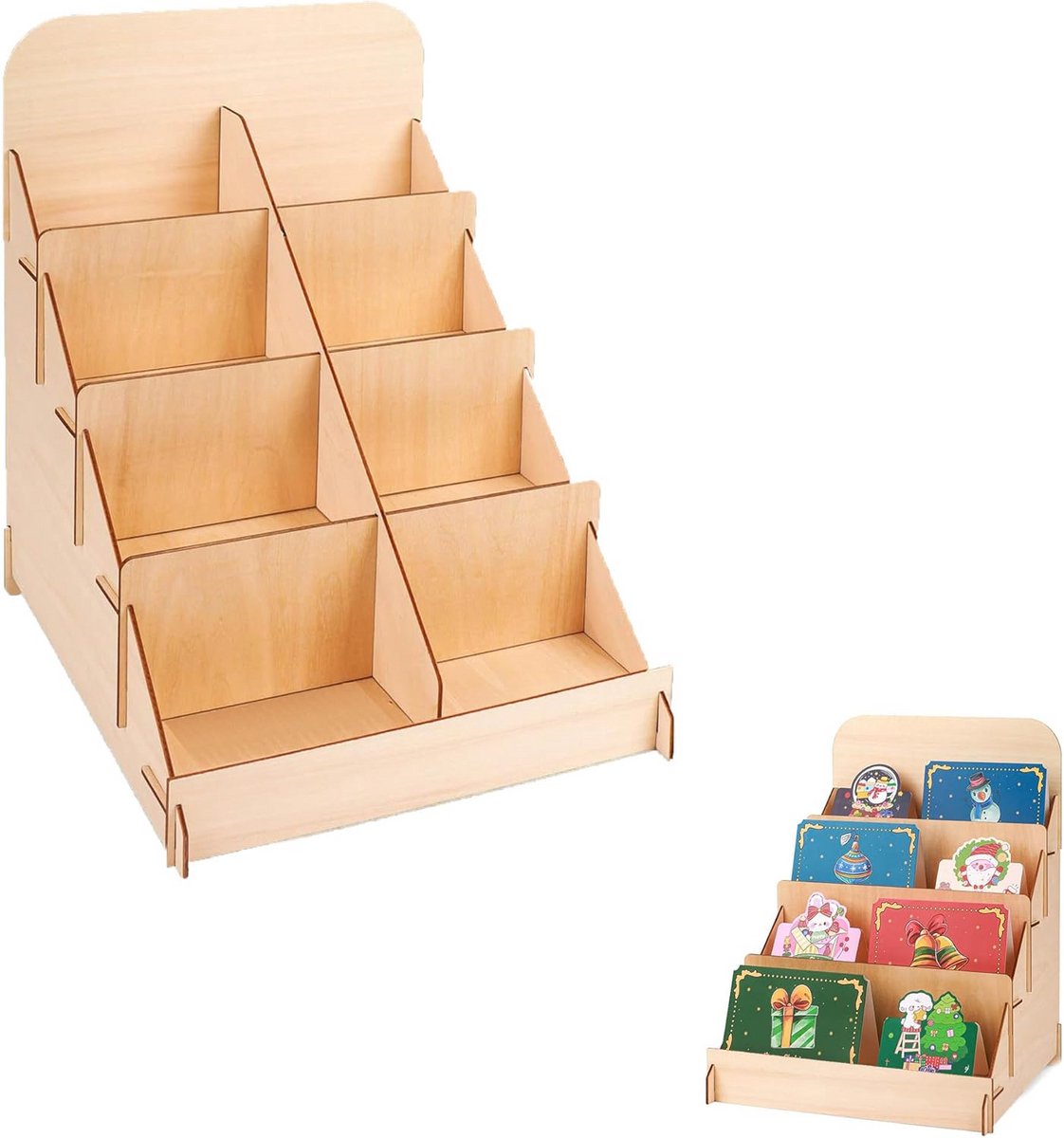 Wenskaartenhouder - Houten display - Producten presenteren - Vier etages - 20 x 20 x 33 cm - Houtkleur