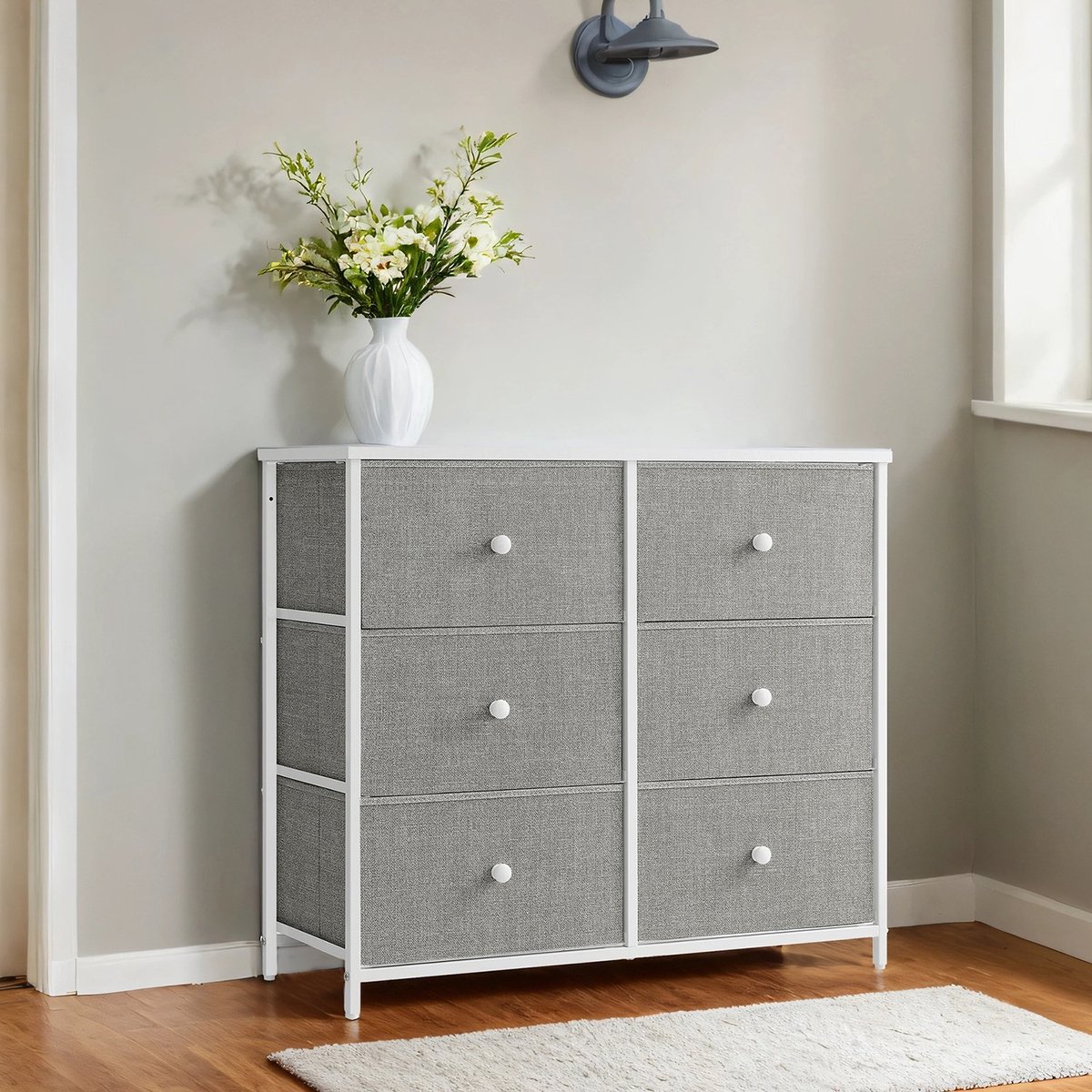 Commode – Stof en hout – Rustiek bruin en zwart – Opbergmeubel met 6 laden en metalen frame