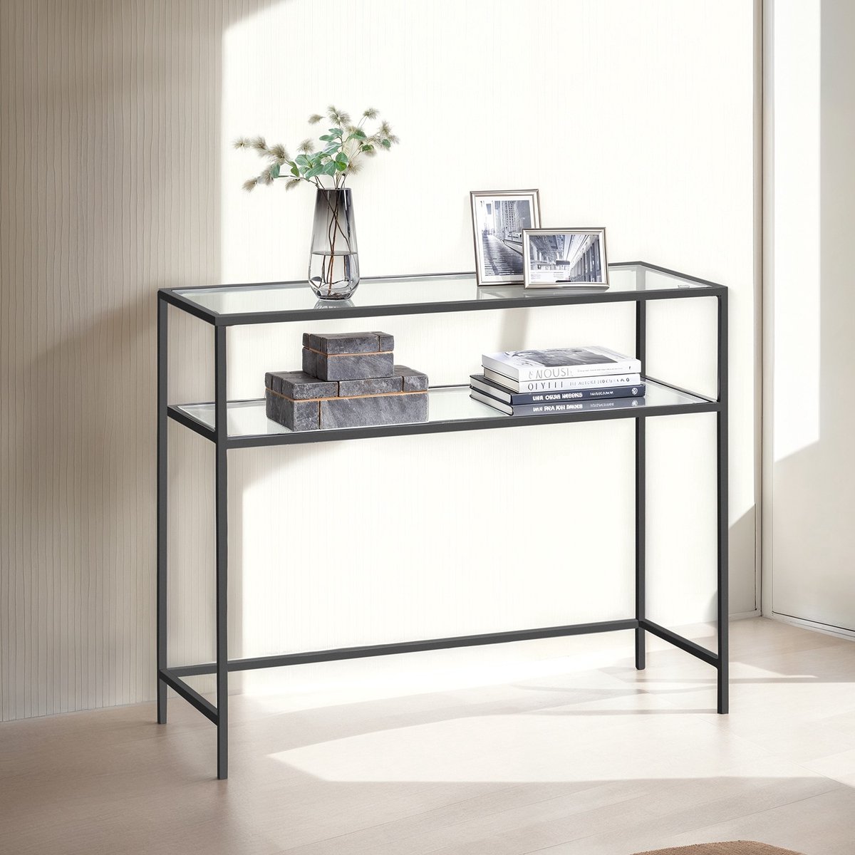Consoletafel – Gehard glas – Goud – Modern design met metalen frame en 2 planken