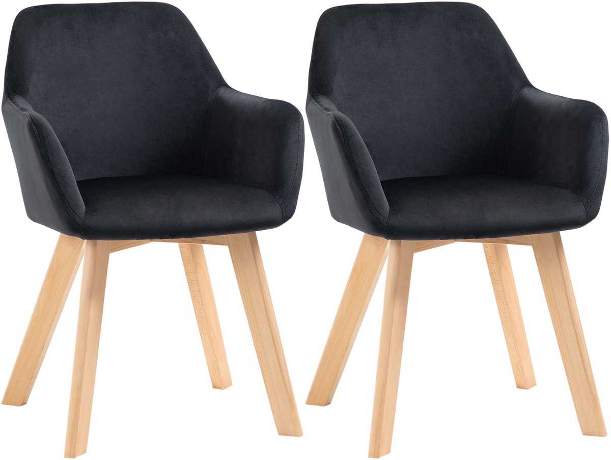 Eetkamerstoelen, Set van 2, Zwart – Modern Design Met Fluweellook, Frame Van Rubberhout, 54 x 57 x 80 cm