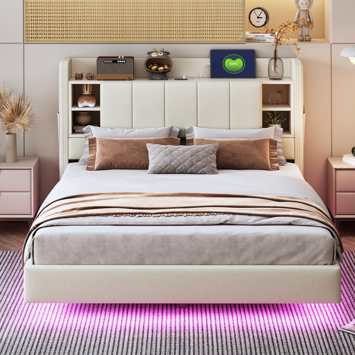 Wishdor Gestoffeerd Tweepersoonsbed 140x200 cm – Zwevend Effect – Flip-top Hoofdbord met Opbergvakken en USB – Linnen – Beige