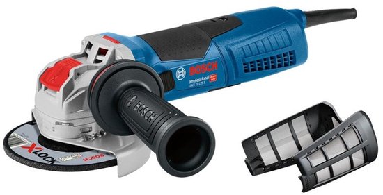 Bosch haakse slijper met blauw/zwarte behuizing, grijze kop, X-LOCK slijpschijf en extra handgrepen.
