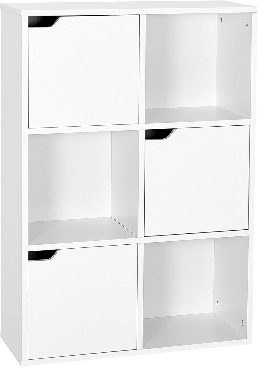Witte Boekenkast met 6 Kubussen en Deuren, Moderne Opbergunit voor Woonkamer of Kantoor