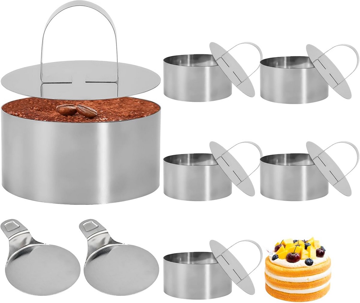 6 Stuks Taartringen RVS Ø 8 cm voor Mousse, Cake en Muffin - Inclusief Deksel en Spatel