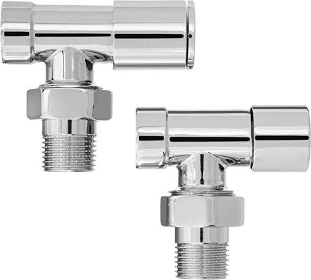 Hoekige Radiatorkraan Set Chroom 1/2" BSP Incl. 15mm Inlaat en Afsluitkap