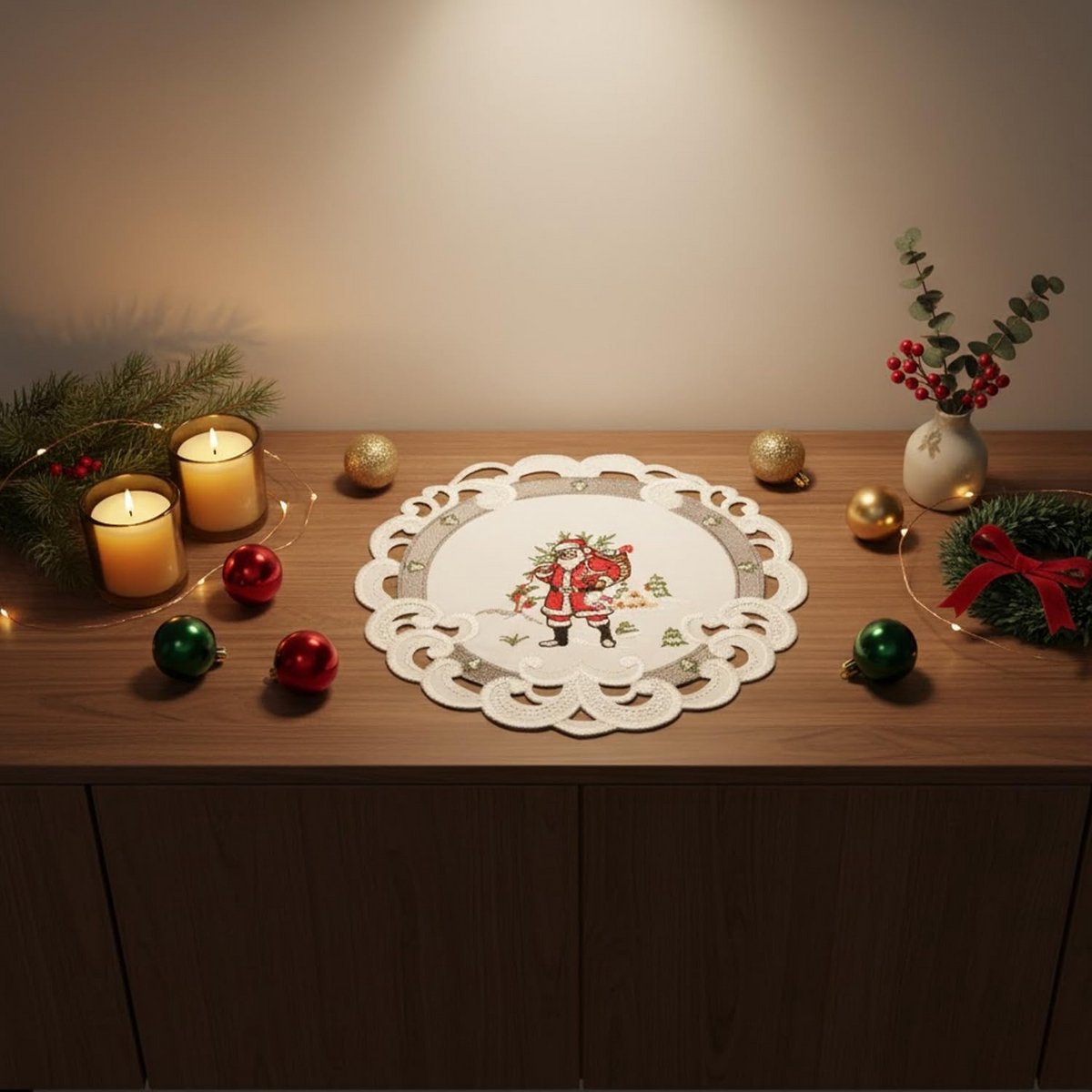 Rond Tafelkleed Kerstman Geborduurd Ø 30 cm - Feestelijke Kerstdecoratie Polyester