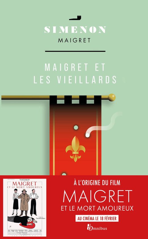 Couverture de livre avec le titre 'Maigret et les vieillards' en vert et blanc, présentant une illustration de drapeau et une scène de crime.