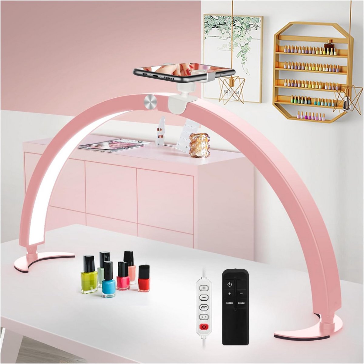 Halfmaanvormige LED Lamp voor Nagelstudio met Telefoonhouder Roze