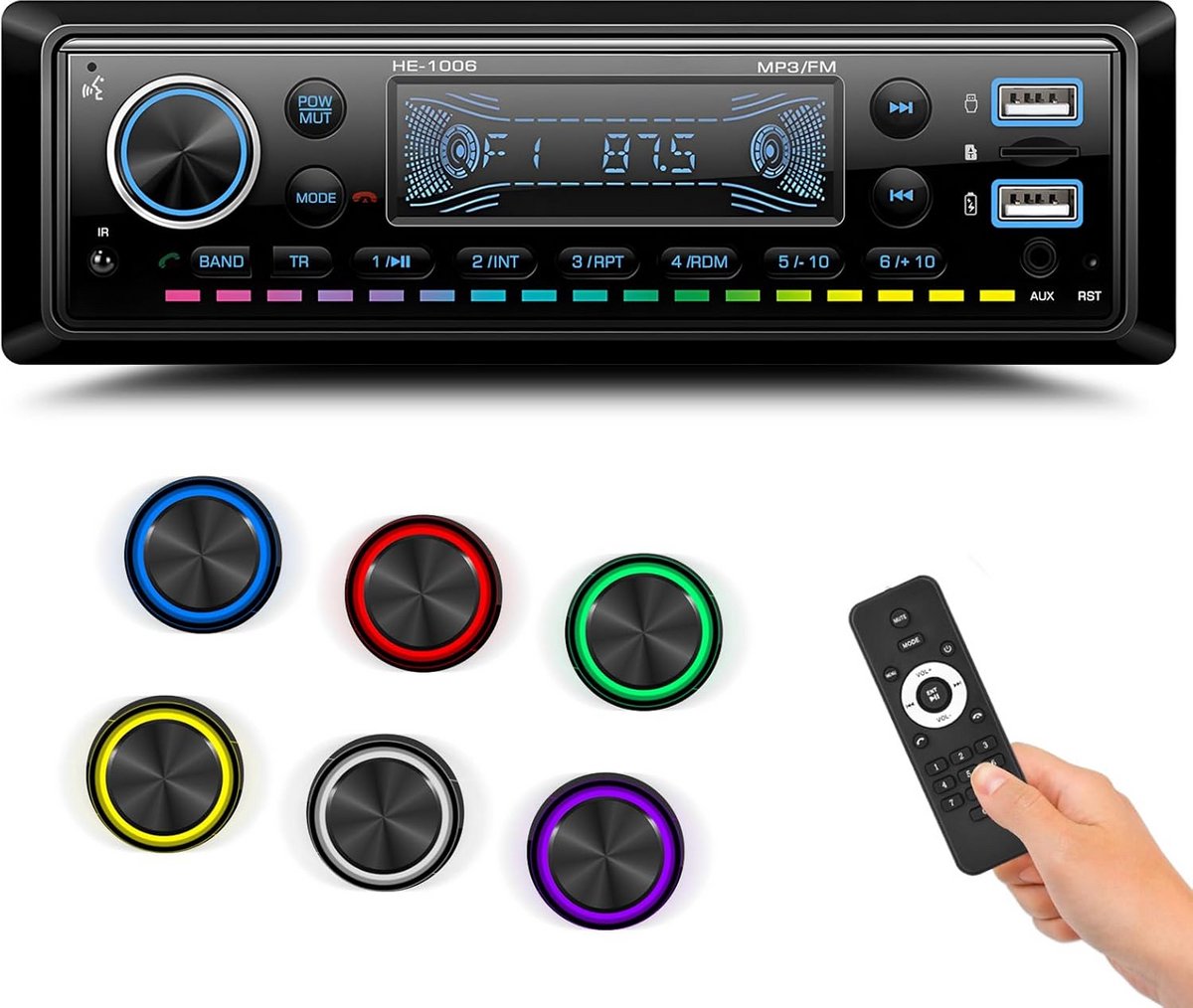 1DIN Autoradio met Bluetooth 5.0, USB, SD en FM-radio met 7 Kleuren Verlichting
