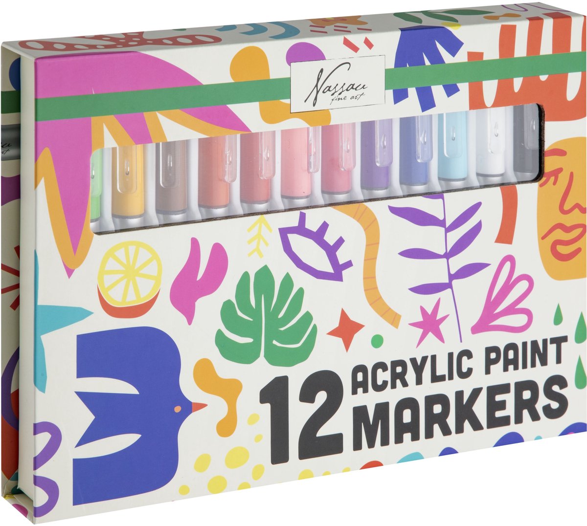 Nassau Fine Art Acrylic Paint Markers 12 Stuks – Acrylverf Stiften – Dekkend op Steen, Hout, Glas & Canvas – Sneldrogend & Watervast – Verfstiften Set voor DIY & Creatieve Projecten