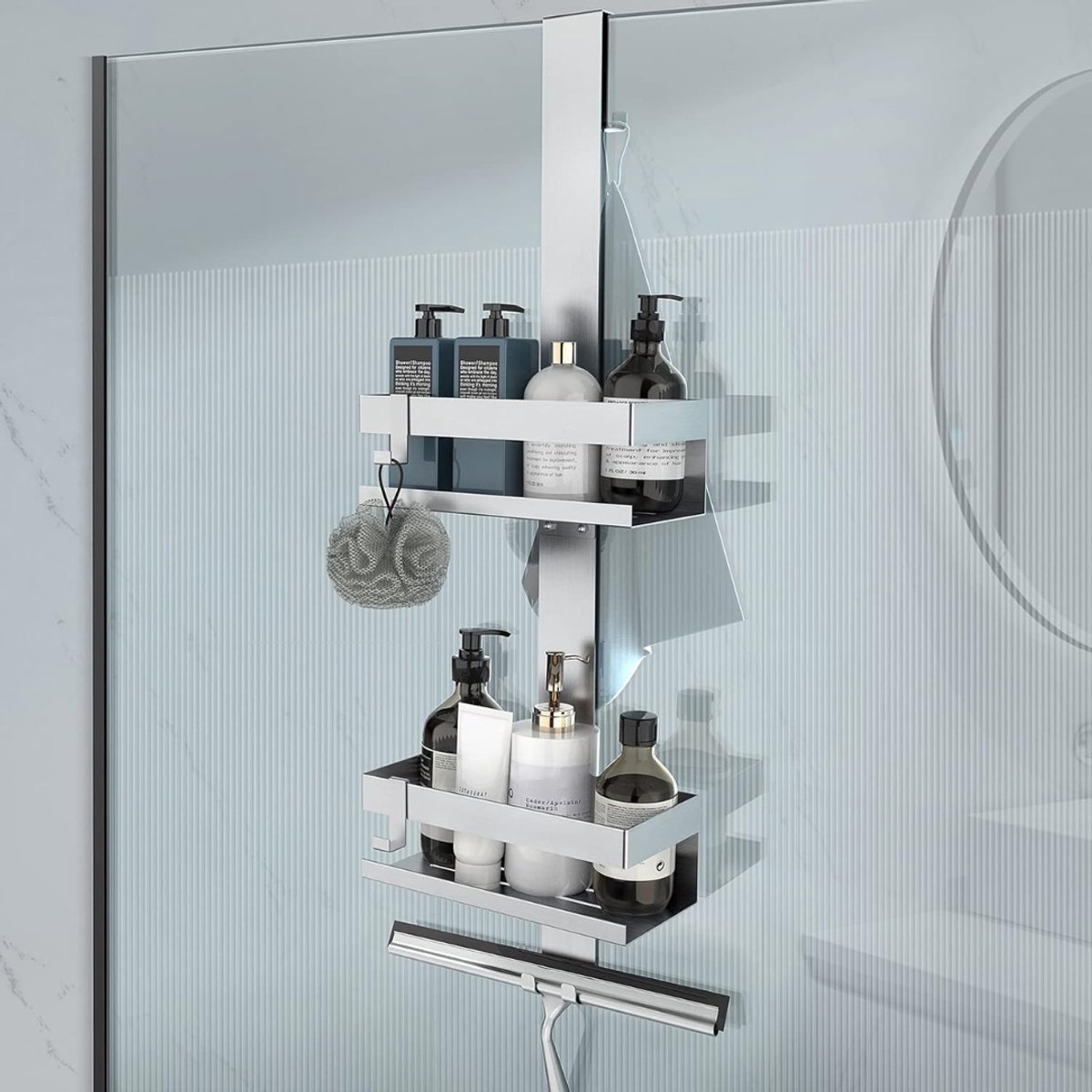 Nexvo® Doucherek aan Douchewand - Hangend Badkamerrek – Deurrek Met Mandjes – Zilver - ‎10cm x 23cm x 66cm