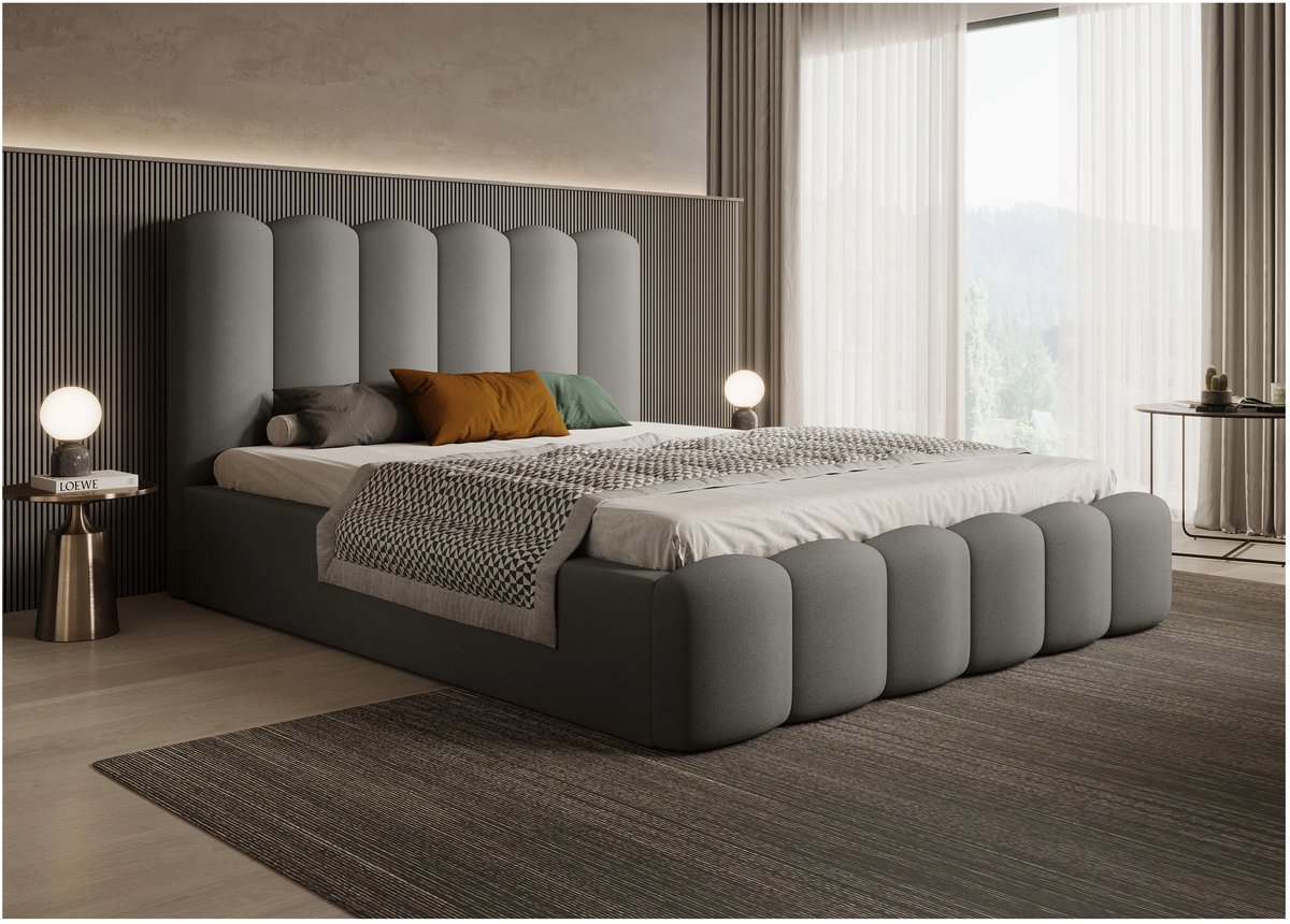 Gestoffeerd Tweepersoonsbed 200x200 cm – Elegant Luxe Fluwelen Bed met Opbergruimte en Houten Lattenbodem – Modern Design Grijs – Laura