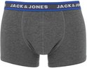 Grijze Jack & Jones boxershort met donkerblauwe en grijze logo-elastische band.