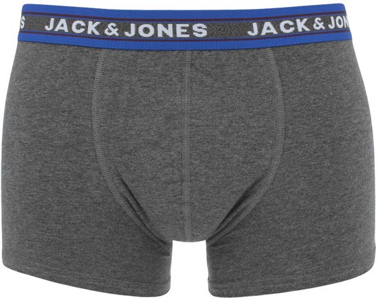 Grijze Jack & Jones boxershort met donkerblauwe en grijze logo-elastische band.