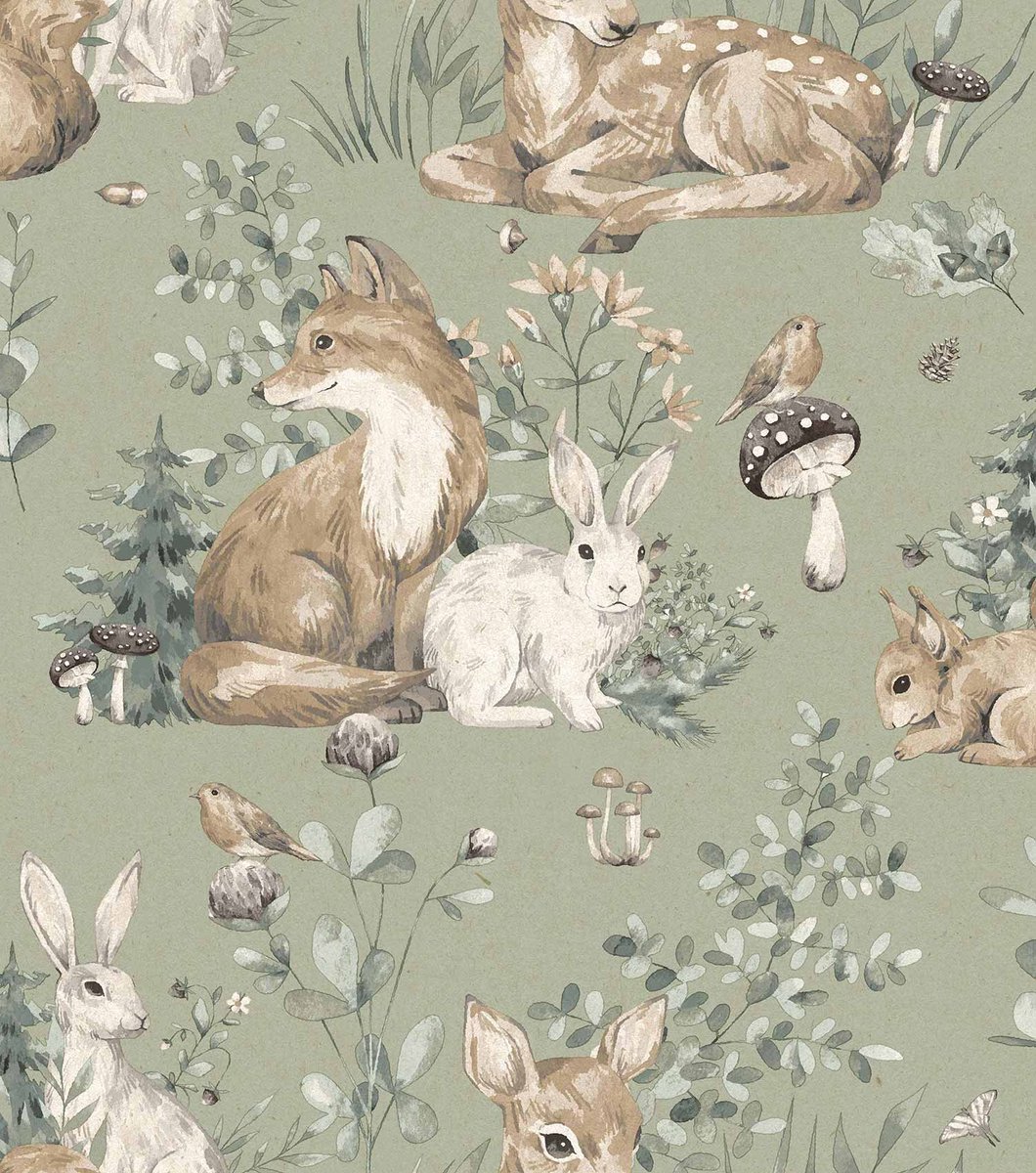 Behang - Kinderkamer – Bosdieren - Groen - Bruin- Wit - Babykamer - Kinderbehang – Dieren - Vos - Konijn - Hert - 0,53 x 10,05 M