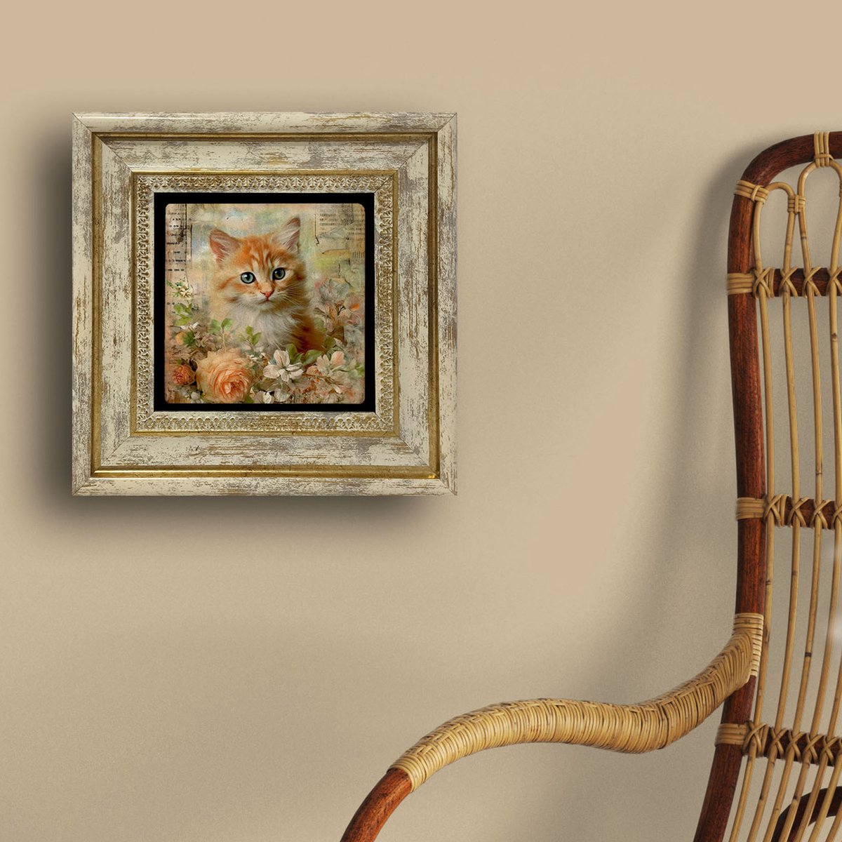 Artlijn Oranje Kat met Bloemen – Natuursteen Art Print – Travertin Steen Wanddecoratie – Schattige Kitten