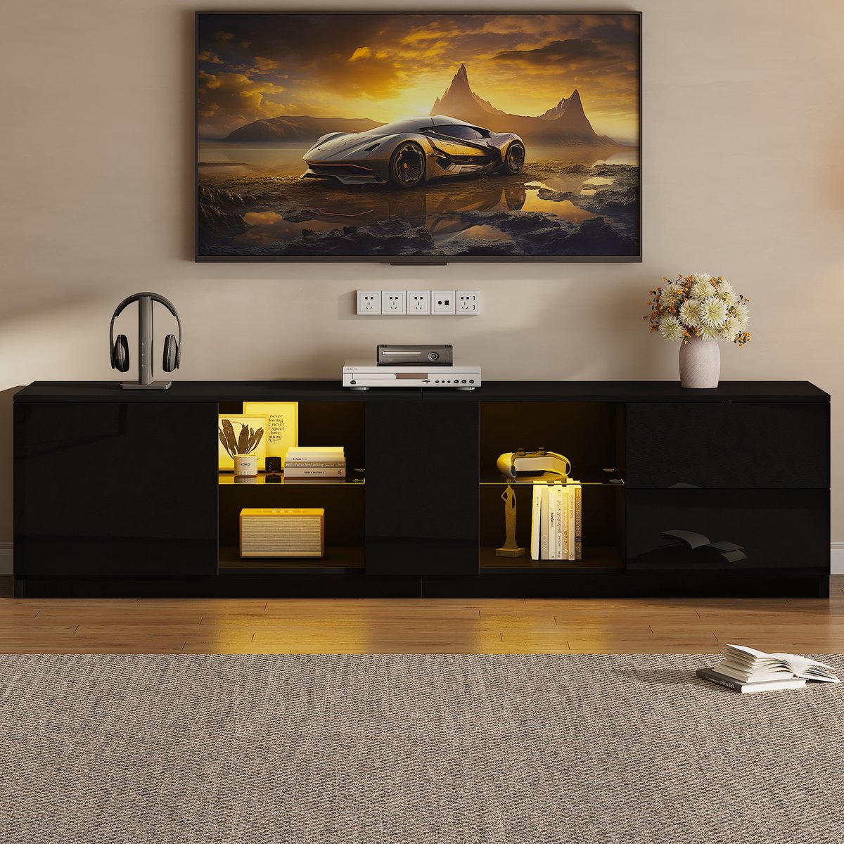 REDOM - Tv-Meubel - Hoogglans - Led-Verlichting - Modern - Woonkamer - MDF - Zwart - 160 x 40 x 52 cm